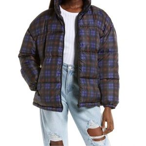 BP. Nordstrom NWOT Puffer Jacket Purple Medium Ombré Earl Plaid, XXS